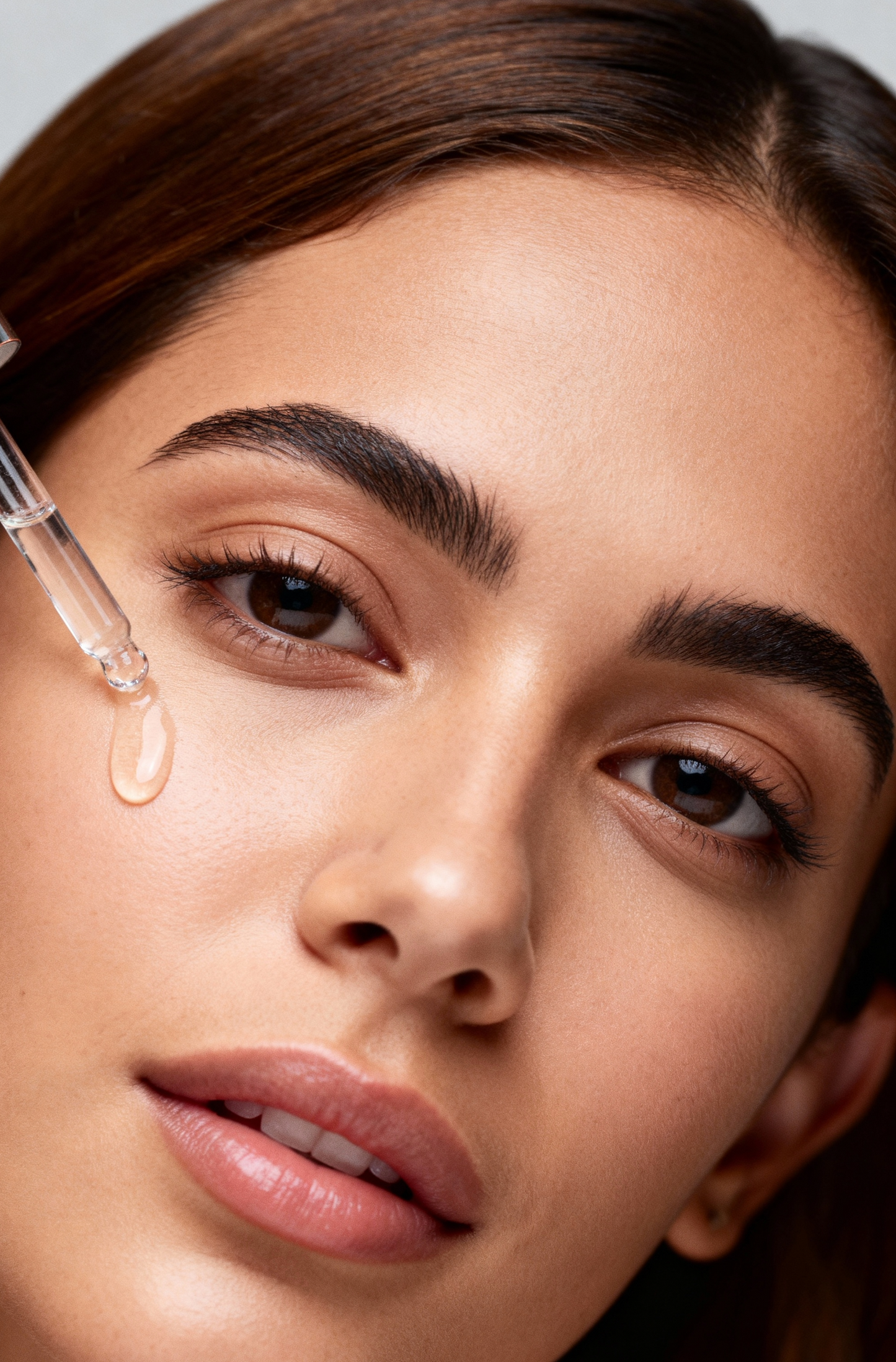 Žena nanáša prírodné pleťové sérum pipetou na tvár