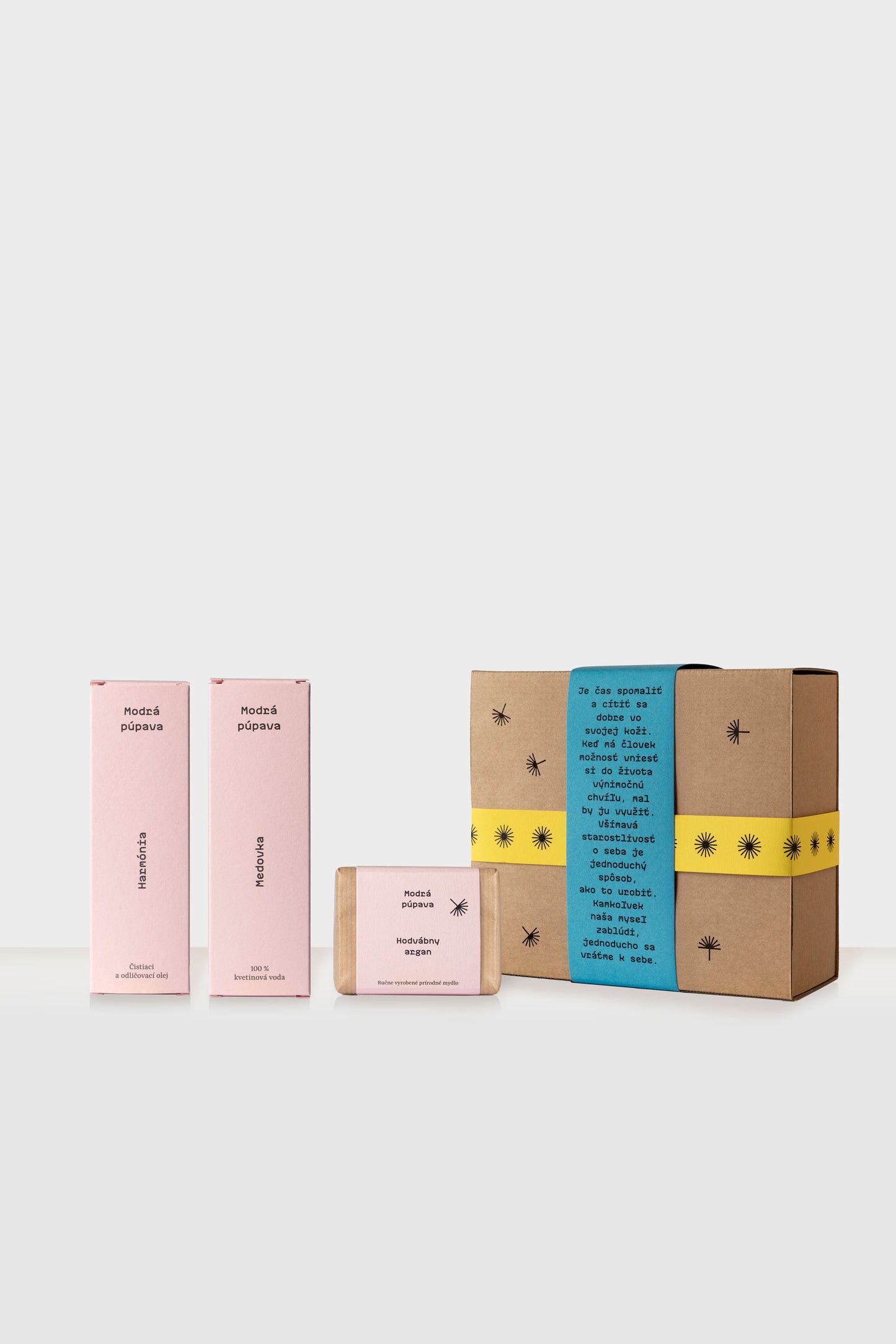 Odličovacia sada Prírodné čistenie pleti Modrá púpava – olej Harmónia, hydrolát Medovka, mydlo Hodvábny argan a darčekové balenie