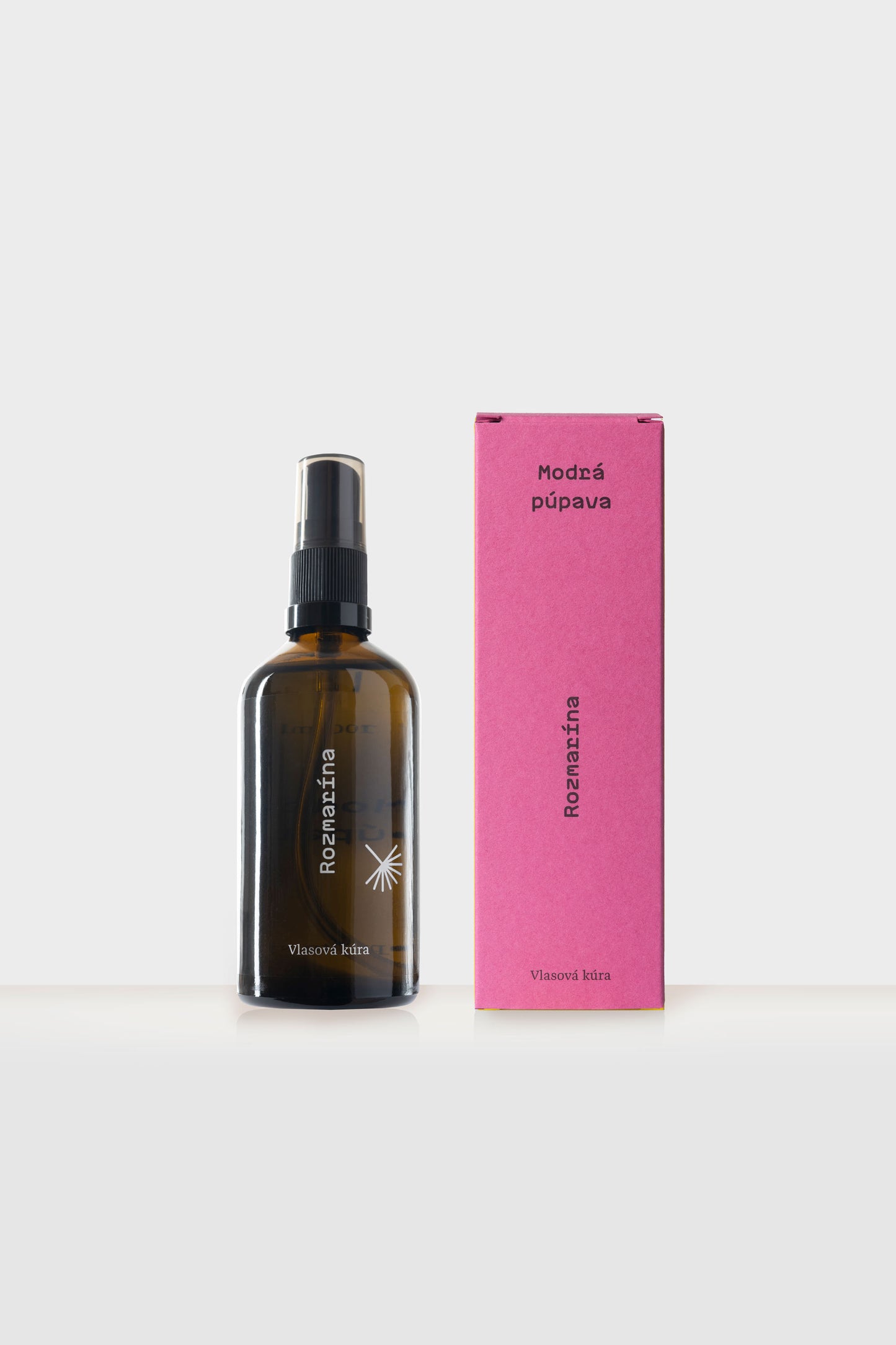Olej na vlasy Rozmarína od Modrej Púpavy – sklenená fľaša a papierová krabička